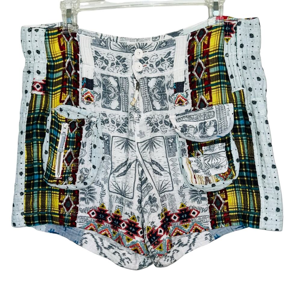Johnny Was Multi-Pattern Patchwork Shorts — White, Yellow, Green, Red